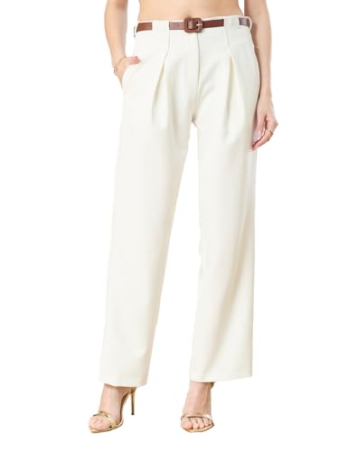 Latin Quarters Women's White Casual Solid High Rise Pant_M