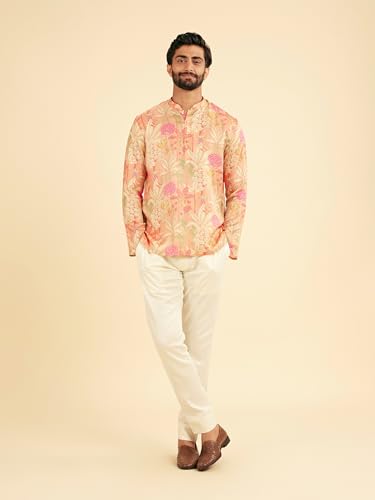 Manyavar Men's Satin Floral Prints Casual Short Kurta (Pink,M)