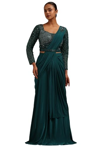 Soch Womens Teal Green Spandex Solid Ready To Wear Saree