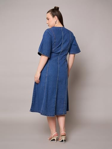 SASSAFRAS Curve Navy Denim V Neck Midi Dress