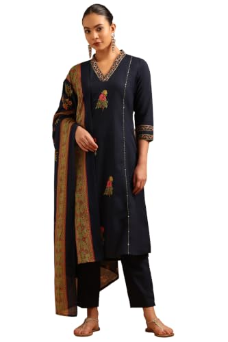 Soch Womens Navy Blue Cotton Floral Embroidered Salwar Suit