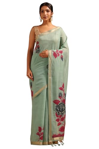 Soch Womens Powder Blue Chanderi Woven Design Saree