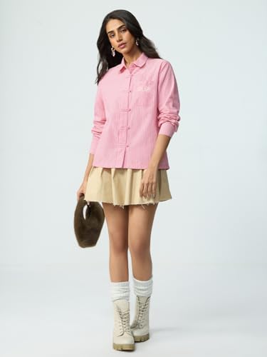 The Souled Store Sakura Dust: Women and Girls Full Sleeves Collared Light Pink Striped Cotton Regular Fit Embroidered Pocket Lightweight Comfortable Winter Shirt