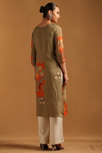 Soch Womens Olive Muslin Floral Print Kurta with Beads