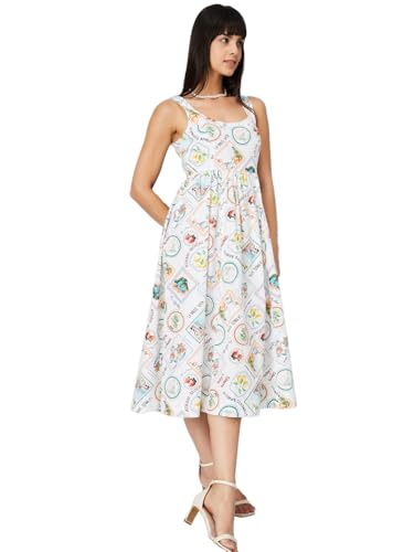 Max Women Printed Fit & Flare Midi Dress(Off White_XL)