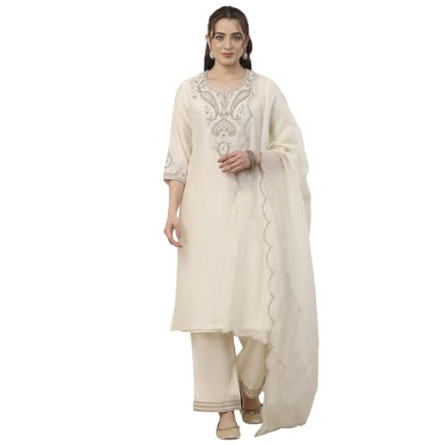 BIBA Women White Silk Chanderi Straight Suit Set_42