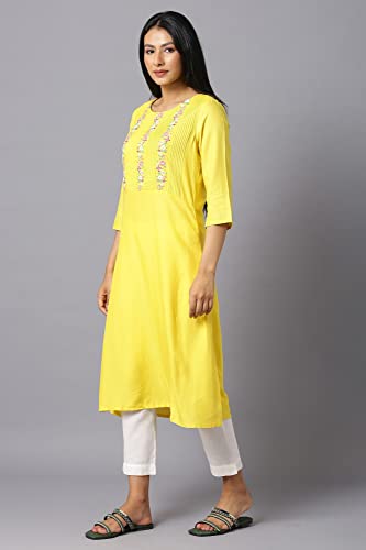 W for Woman Yellow Embroidered Kurta with Lace Trimming_24AUW11965-218195_2XL
