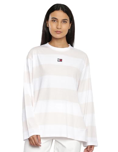 Tommy Hilfiger White-Pink Cotton Solid Round Neck Full Sleeves Relaxed Fit Women T-Shirt (F23JWKT106) Size-L