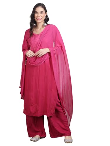 Fashion Chikan Art Women's Lucknowi Chikankari Hand-Embroidered Rayon Dyed Kurta, Palazzo & Dupatta 3-Piece Set | Festive, Ethnic & Causal Suit(XL, Pink)