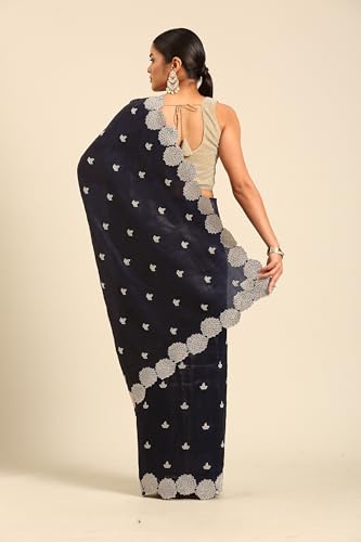 MOHEY Women's Chinon Embroidered|Stone Work Saree (Indigo Blue)