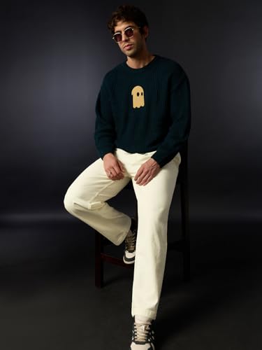 The Souled Store Pleated Denim: Polar Ice Men and Boys Zip Fly Cream Solid Cotton Twill Straight Fit Breathable Front Pleated Lightweight Everyday Denim Jeans
