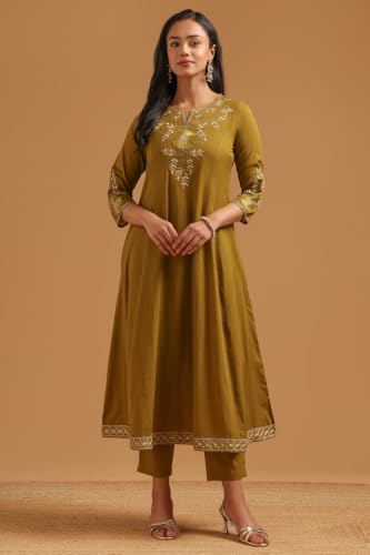 Soch Womens Olive Cotton Embroidered Botanical Thread Work Salwar Suit