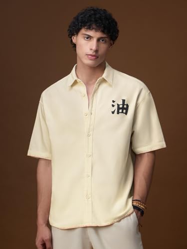 The Souled Store Naruto Shippuden: Gamakage Jiraiya Men and Boys Short Sleeves Collared Neck Button Front Off White Graphic Printed Cotton Lightweight Oversized Shirts