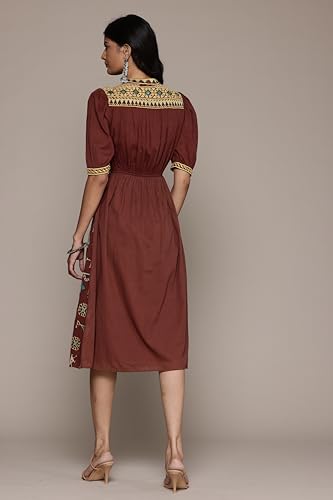 Aarke Ritu Kumar Band Collar Elbow Sleeve Printed Dress Brown