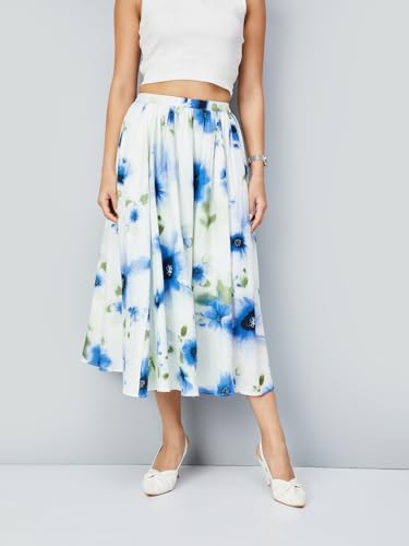 Max Women Floral Print Midi Skirt (Off White_M)