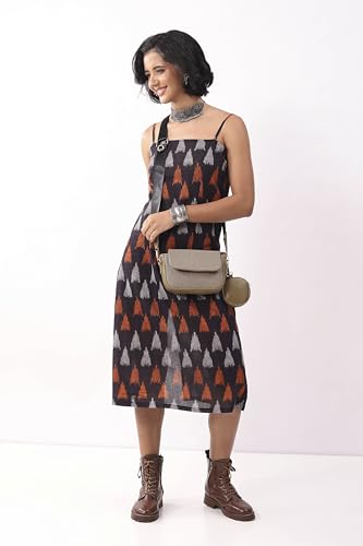Biba Nxt Women Black Cotton Abstract Printed Strappy Midi Dress_38