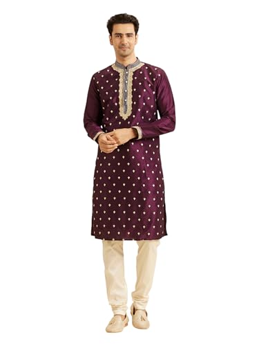 Manyavar Men's Art Silk Embroidered Kurta Churidar Set (Wine,S)