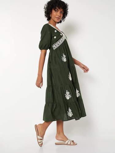 Max Women Embroidered Tiered Dress (Green_M)