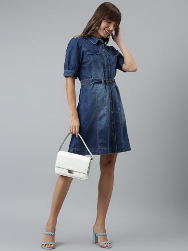 Latin Quarters Women Blue Half Sleeves Casual Solid Dress_L