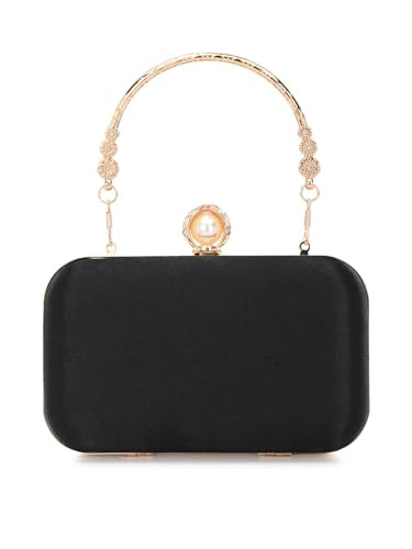 TOOBA Black Synthetic Clutch Bag for Women – Embroidered Sequin Detailing with Pearl Clasp, Perfect for Festival, Receptions & Parties