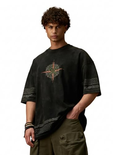 The Souled Store Nomad: Compass Men and Boys Short Sleeves Round Neck Charcoal Grey Embroidered Compass Casual Drop Shoulder Streetwear Trendy Super Oversized T-Shirt