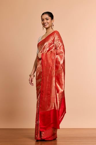 Taneira Women Red Pure Silk Cutwork Banaras Saree with Unstitched Blouse Piece (SAPH04AC5869-Red)