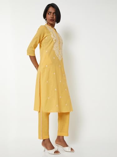 Max Women Embroidered Straight Kurta Set (Yellow_L)