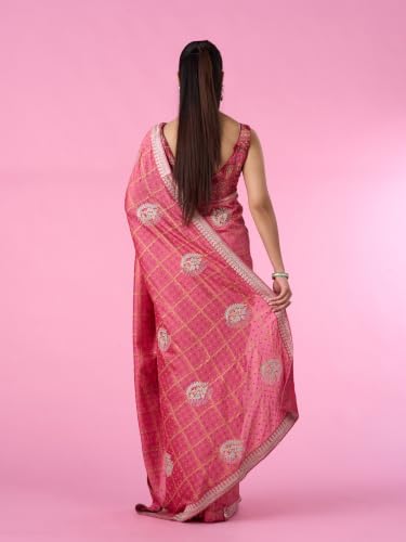 MOHEY Women's Art Silk Printed, Stone Work & Thread Work Saree with Blouse Piece (Pink)