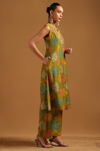 Soch Womens Light Green Desert Storm Floral Print Co-Ord Set With Mirror Work