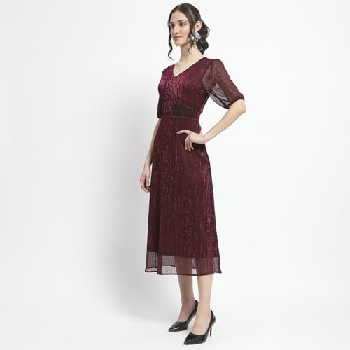 Madame Shimmery Corset Detailed Plum Midi Dress for Women