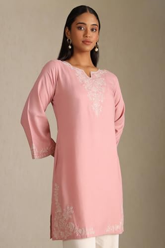 Soch Women's Rayon Embroidered Regular Kurta (CWA5KU61438_Peach_L)