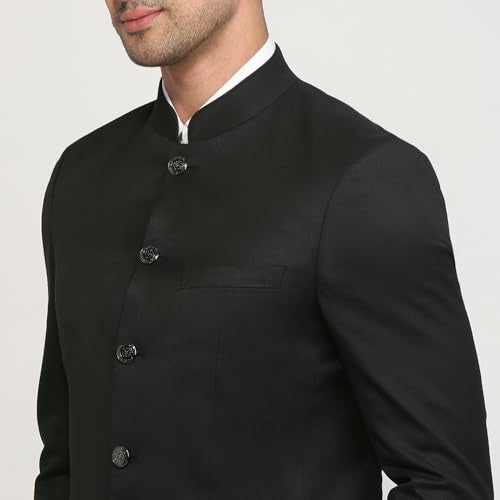 Raymond Men Regular Fit Solid Pattern Poly Viscose Elastane Blend Stand Collar Full Sleeve Ceremonial Jacket (Size: 44)-RIJI00123-K8 Black