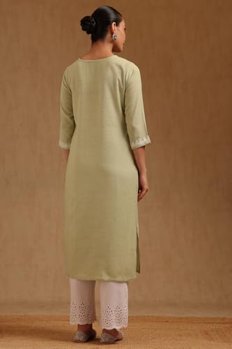 Soch Womens Sap Green Rayon Slub Embroidered Kurta with Thread Work