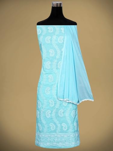 Ada Hand Embroidered Lucknowi Chikankari Unstitched Cotton Dress Material Suit Piece with Dupatta for Women with Cutdana Work 01A861439 Blue