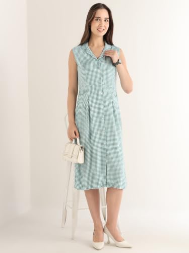Hancock Women Green & White Gingham Checked Lapel Collar Pure Cotton Shirt Style Midi Dress