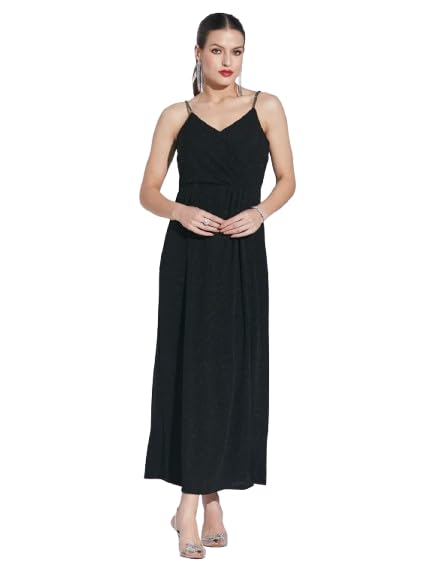 Latin Quarters Women Black Solid A-Line Dress | Sleeveless | V-Neck | Zip Closure | Nylon Stretch | Elegant Fit & Flare Dress for Party & Casual Wear