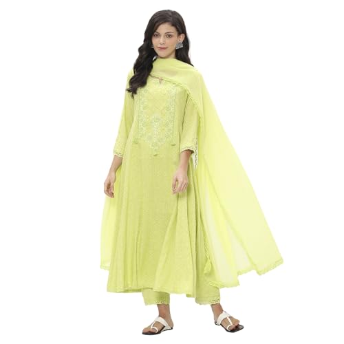 Rangriti Women Lime Green Viscose Rayon Flared Kurta Set_36