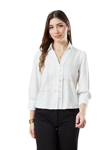 Latin Quarters Women's Ivory 3/4Th Sleeves Solid Collar Neck Formal Shirt_M