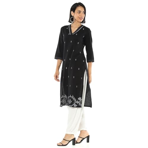Rangriti Women's Black Cotton Jacquard Yarndyed Straight Kurta_38