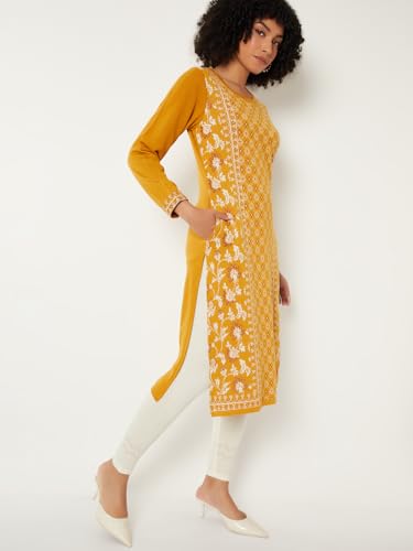 Max Women Knit Straight Winter Kurta (Yellow_XL)