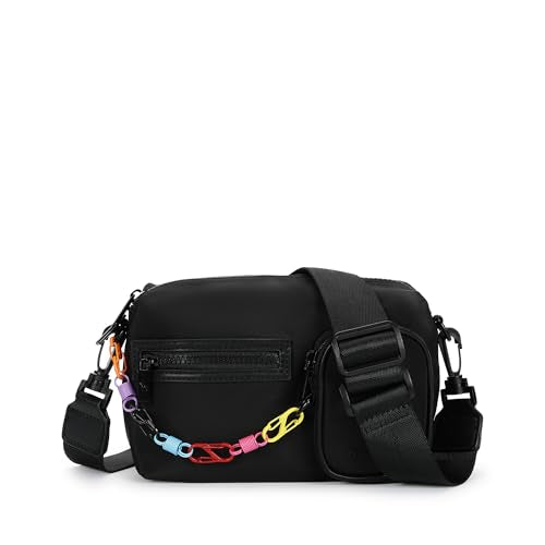 Fastrack Statement Chain Sling Bag for Women | Black Nylon Crossbody with Zipper Closure, Front Utility Pockets and Adjustable Strap | Lightweight Urban Sling for College & Travel