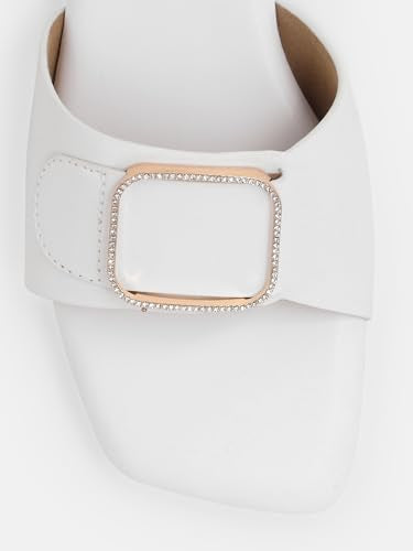 KENNETH COLE Women's Flat Slide Sandal | Synthetic | Square Toe, Rhinestone Buckle | White, EU38