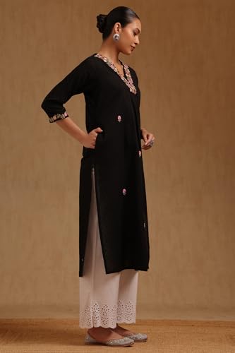 Soch Womens Black Cotton Dobby Embroidered Kurta with Thread Work