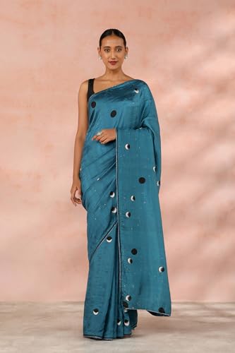 Taneira Women Blue Contemporary Pure Silk Block Print Saree with Unstitched Blouse Piece (SHH08D00032-Blue)
