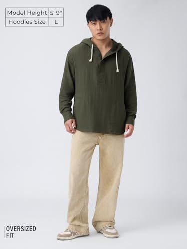 The Souled Store Cotton Gauze Hoodie: Storm Men and Boys Full Sleeves Hooded Neck Olive Green Solid Textured Cotton Oversized Fit Double Cloth Everyday All-Season Hoodie