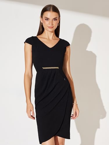 Miss Chase Women's V Neck Cap Sleeves Polyester Side Pocketed Knee Long Dress (MCAW25D85-51-62-06, Black, XL)
