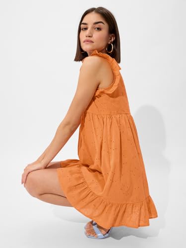 The Souled Store Cutwork Dress: Orange Women and Girls V Neck Sleeveless Cotton Mini Dresses