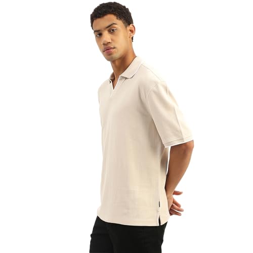 UNITED COLORS OF BENETTON Oversized Fit Johny Collar Textured T-Shirt (Size: S)-25P3S49J3941I152 Beige