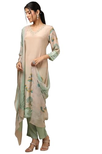 Soch Women Beige Crepe Ethnic Motifs Suit Set with Cutdana