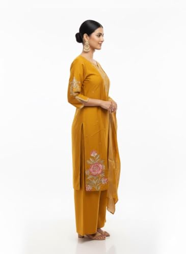 Paridhaan Elegance Traditional Mustard Yellow Embroidered Cotton Palazzo Suit Set with Matching Dupatta, Gold Floral Design Ethnic Wear for Women (IN, Alpha, L, Regular, Yellow)